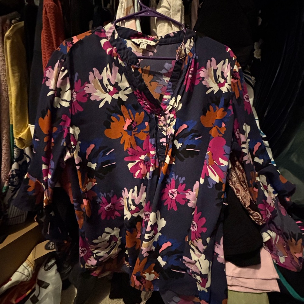 The Pioneer Woman Navy Floral V-Neck Blouse with Pink & Orange Flowers